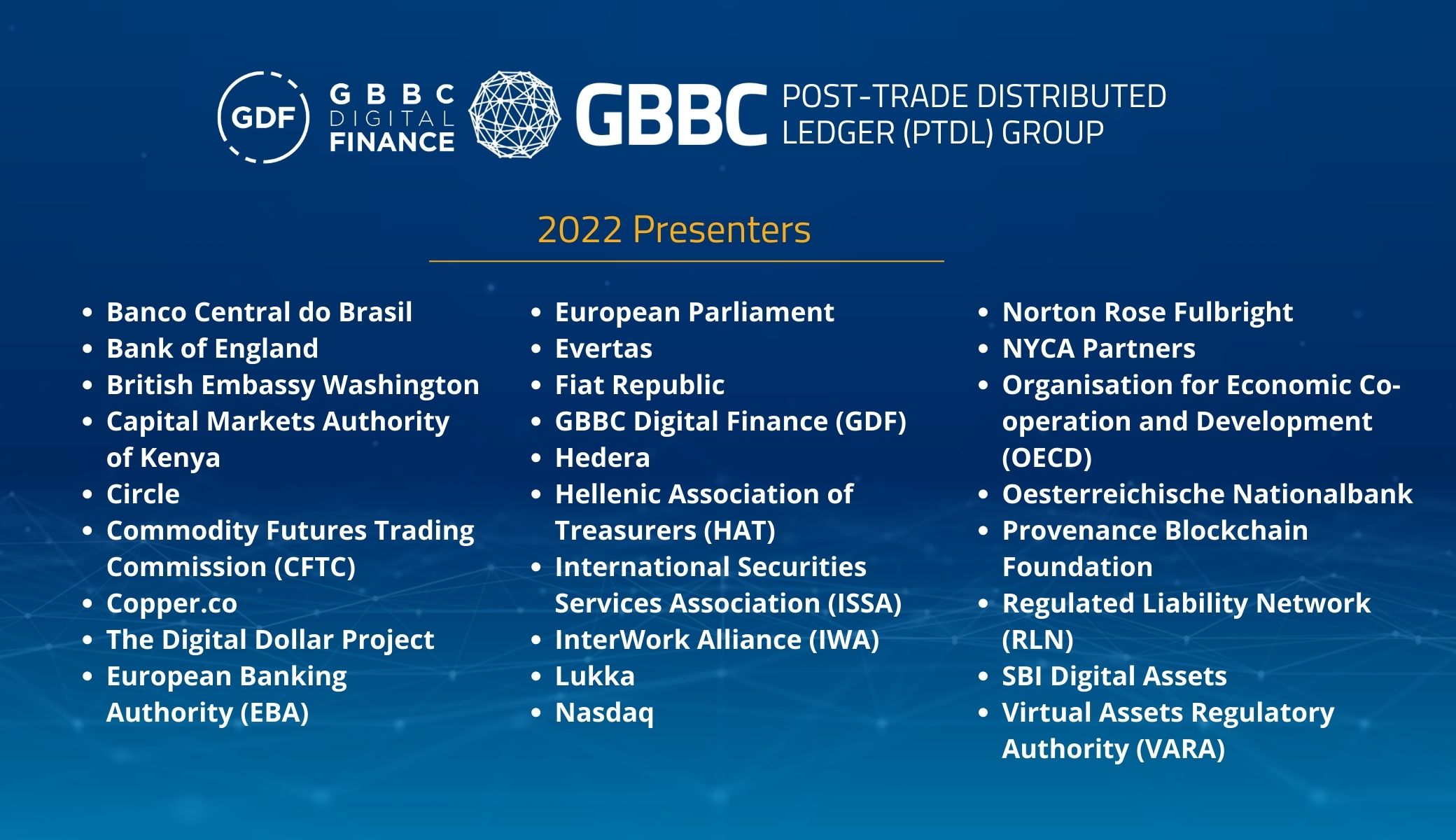 List of presenters in the year 2022 at GBBC's Post Trade Distributed Ledger Group</p>
<p>Banco Central do Brasil<br />
Bank of England<br />
British Embassy Washington<br />
Capital Markets Authority of Kenya<br />
Circle<br />
Commodity Futures Trading Commission (CFTC)<br />
Copper.co<br />
The Digital Dollar Project<br />
European Banking Authority (EBA)<br />
European Parliament<br />
Evertas<br />
Fiat Republic<br />
GBBC Digital Finance (GDF)<br />
Hedera<br />
Hellenic Association of Treasurers (HAT)<br />
International Securities Services Association (ISSA)<br />
InterWork Alliance (IWA)<br />
Lukka<br />
Nasdaq<br />
Norton Rose Fulbright<br />
NYCA Partners<br />
Organisation for Economic Co-operation and Development (OECD)<br />
Oesterreichische Nationalbank<br />
Provenance Blockchain Foundation<br />
Regulated Liability Network (RLN)<br />
SBI Digital Assets<br />
Virtual Assets Regulatory Authority (VARA)<br />
